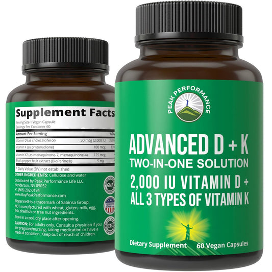 Peak Performance Advanced Vitamin D 2000 IE mit allen 3 Arten von Vitamin K Vitamin D3 und Vitamin K2, K1, MK-7 (MK7), MK4 Nahrungsergänzungsmittel - 60 kleine und leicht zu schluckende pflanzliche Kapseln