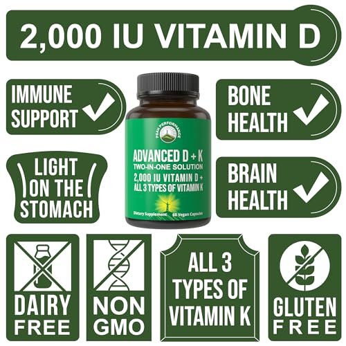 Peak Performance Advanced Vitamin D 2000 IE mit allen 3 Arten von Vitamin K Vitamin D3 und Vitamin K2, K1, MK-7 (MK7), MK4 Nahrungsergänzungsmittel - 60 kleine und leicht zu schluckende pflanzliche Kapseln