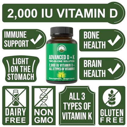 Peak Performance Advanced Vitamin D 2000 IE mit allen 3 Arten von Vitamin K Vitamin D3 und Vitamin K2, K1, MK-7 (MK7), MK4 Nahrungsergänzungsmittel - 60 kleine und leicht zu schluckende pflanzliche Kapseln