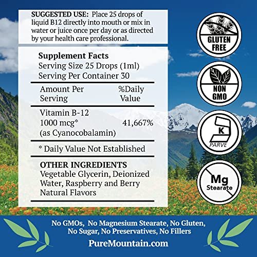 Pure Mountain Botanicals B12 1000 mcg – B12-Komplex mit natürlichem Beerengeschmack – 30 Portionen – Flüssige Tropfen – Koscheres Nahrungsergänzungsmittel
