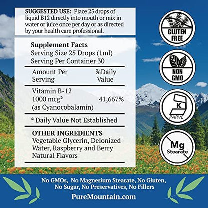 Pure Mountain Botanicals B12 1000 mcg – B12-Komplex mit natürlichem Beerengeschmack – 30 Portionen – Flüssige Tropfen – Koscheres Nahrungsergänzungsmittel