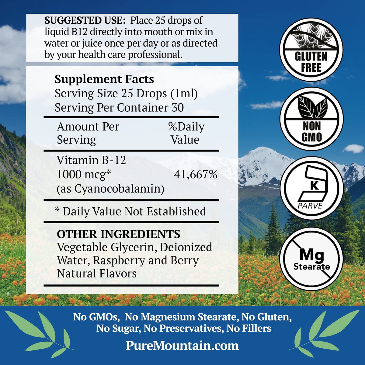 Pure Mountain Botanicals B12 1000 mcg – B12-Komplex mit natürlichem Beerengeschmack – 30 Portionen – Flüssige Tropfen – Koscheres Nahrungsergänzungsmittel