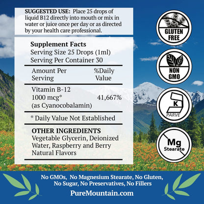 Pure Mountain Botanicals B12 1000 mcg – B12-Komplex mit natürlichem Beerengeschmack – 30 Portionen – Flüssige Tropfen – Koscheres Nahrungsergänzungsmittel