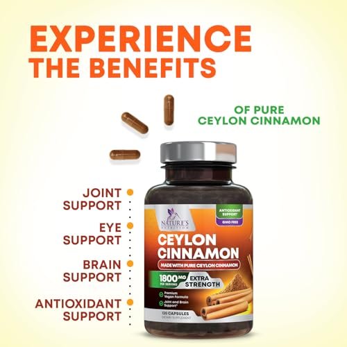 Bio Ceylon Zimt Kapseln – Extra Stärke, 1800 mg pro Portion, 120 Kapseln – Energie- und Herzunterstützung, Antioxidans für Frauen und Männer – Hergestellt in den USA