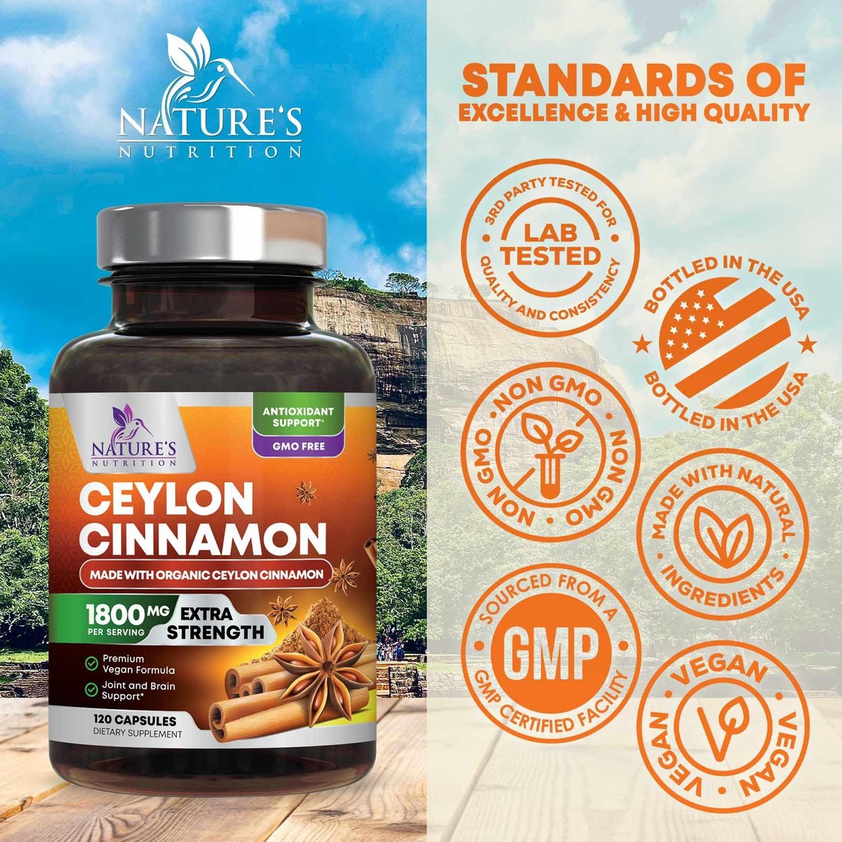 Bio Ceylon Zimt Kapseln – Extra Stärke, 1800 mg pro Portion, 120 Kapseln – Energie- und Herzunterstützung, Antioxidans für Frauen und Männer – Hergestellt in den USA