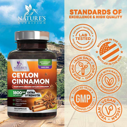 Bio Ceylon Zimt Kapseln – Extra Stärke, 1800 mg pro Portion, 120 Kapseln – Energie- und Herzunterstützung, Antioxidans für Frauen und Männer – Hergestellt in den USA