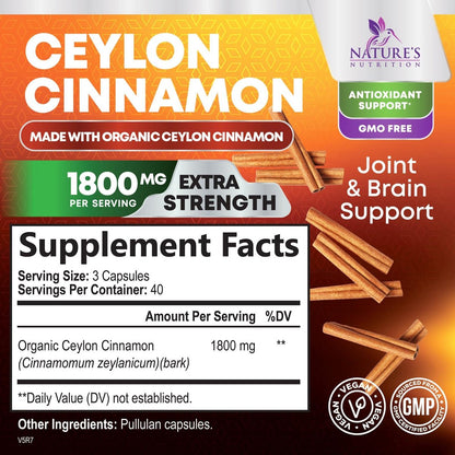 Bio Ceylon Zimt Kapseln – Extra Stärke, 1800 mg pro Portion, 120 Kapseln – Energie- und Herzunterstützung, Antioxidans für Frauen und Männer – Hergestellt in den USA