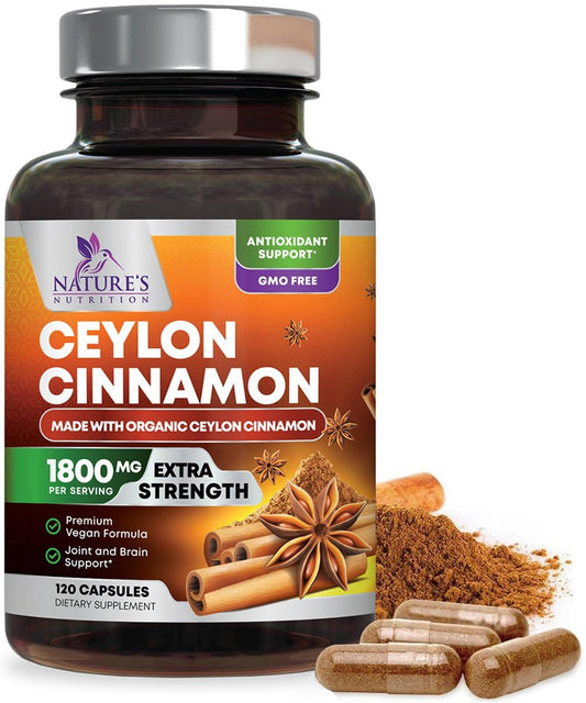 Bio Ceylon Zimt Kapseln – Extra Stärke, 1800 mg pro Portion, 120 Kapseln – Energie- und Herzunterstützung, Antioxidans für Frauen und Männer – Hergestellt in den USA