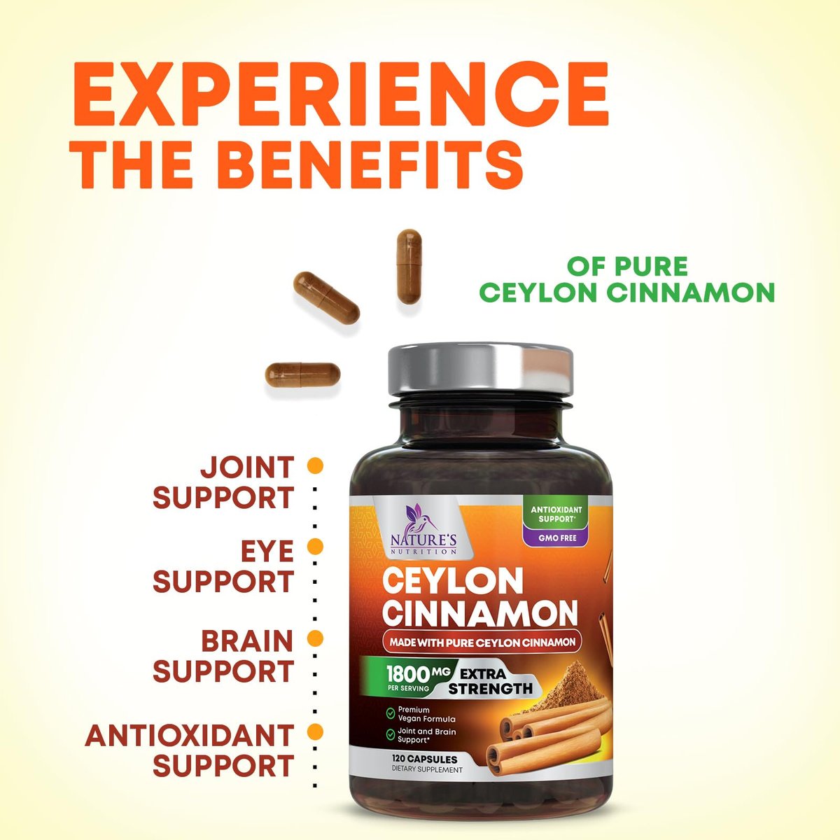 Bio Ceylon Zimt Kapseln – Extra Stärke, 1800 mg pro Portion, 120 Kapseln – Energie- und Herzunterstützung, Antioxidans für Frauen und Männer – Hergestellt in den USA