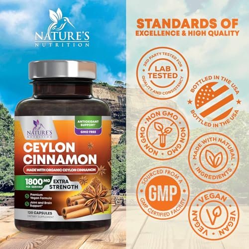 Bio Ceylon Zimt Kapseln – Extra Stärke, 1800 mg pro Portion, 120 Kapseln – Energie- und Herzunterstützung, Antioxidans für Frauen und Männer – Hergestellt in den USA