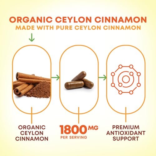 Bio Ceylon Zimt Kapseln – Extra Stärke, 1800 mg pro Portion, 120 Kapseln – Energie- und Herzunterstützung, Antioxidans für Frauen und Männer – Hergestellt in den USA