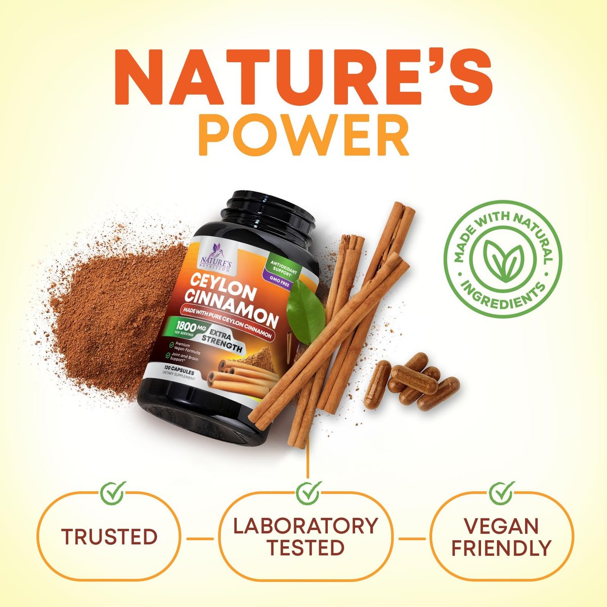 Bio Ceylon Zimt Kapseln – Extra Stärke, 1800 mg pro Portion, 120 Kapseln – Energie- und Herzunterstützung, Antioxidans für Frauen und Männer – Hergestellt in den USA