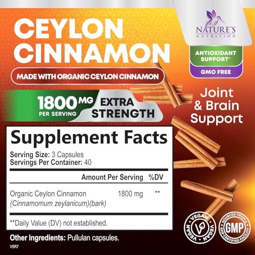 Bio Ceylon Zimt Kapseln – Extra Stärke, 1800 mg pro Portion, 120 Kapseln – Energie- und Herzunterstützung, Antioxidans für Frauen und Männer – Hergestellt in den USA