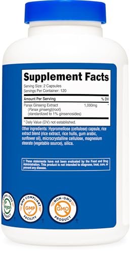 Nutricost Panax Ginseng 1000mg, 240 Kapseln – Non-GMO, glutenfrei, 120 Portionen