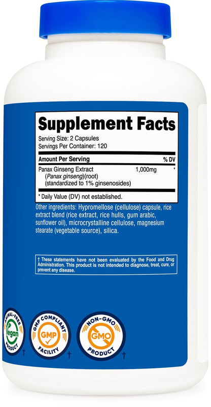 Nutricost Panax Ginseng 1000mg, 240 Kapseln – Non-GMO, glutenfrei, 120 Portionen