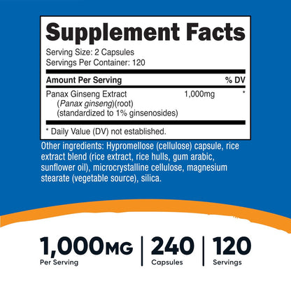 Nutricost Panax Ginseng 1000mg, 240 Kapseln – Non-GMO, glutenfrei, 120 Portionen