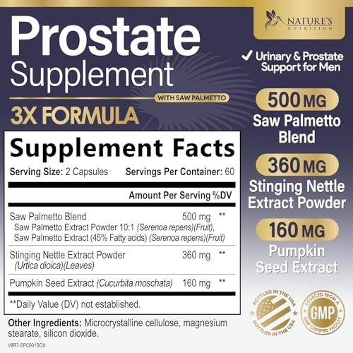 Prostata-Gesundheit Nahrungsergänzungsmittel für Männer - 3-fache Stärke mit Sägepalmen-Mischung, Brennnesselwurzel & Kürbiskern-Komplex - Unterstützt Blasen- und Prostata-Gesundheit - 120 Kapseln