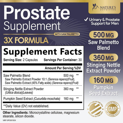 Prostata-Gesundheit für Männer – 3-fach Stärke mit Sägepalmen-Mischung, Brennnesselwurzel & Kürbiskern-Komplex – Unterstützt Blasen- und Harnwegsgesundheit – 60 Kapseln