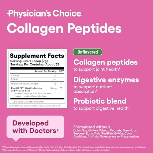 Physician's CHOICE Kollagenpeptide – Hydrolysiertes Proteinpulver für Haut, Haare, Nägel und Gelenke – Weidehaltung, Nicht-GVO