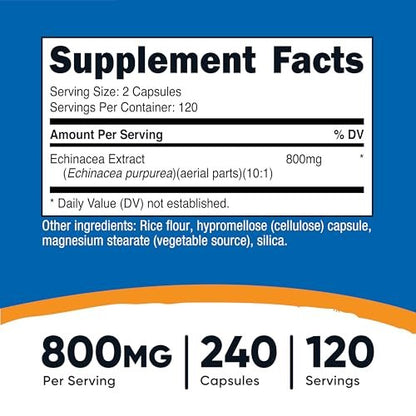 Nutricost Echinacea 800mg, 240 Kapseln - Vegetarische Kapseln, Nicht-GVO, Glutenfrei, 120 Portionen