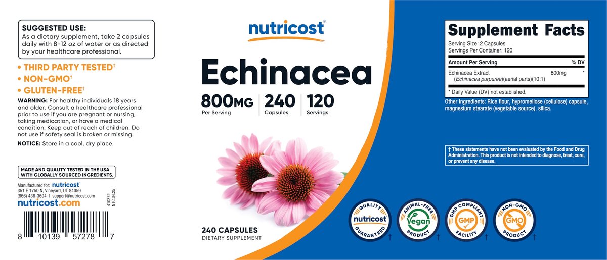 Nutricost Echinacea 800mg, 240 Kapseln - Vegetarische Kapseln, Nicht-GVO, Glutenfrei, 120 Portionen