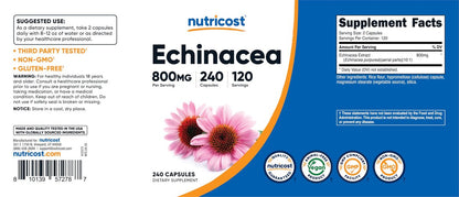 Nutricost Echinacea 800mg, 240 Kapseln - Vegetarische Kapseln, Nicht-GVO, Glutenfrei, 120 Portionen
