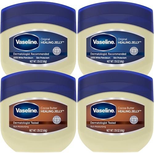 Vaseline Original & Kakaobutter Heilende Vaseline Reisegröße 4er-Pack – Reichhaltige Feuchtigkeitspflege, Hautschutz für rissige, trockene Haut, je 1,75 Oz
