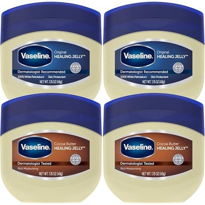 Vaseline Original & Kakaobutter Heilende Vaseline Reisegröße 4er-Pack – Reichhaltige Feuchtigkeitspflege, Hautschutz für rissige, trockene Haut, je 1,75 Oz