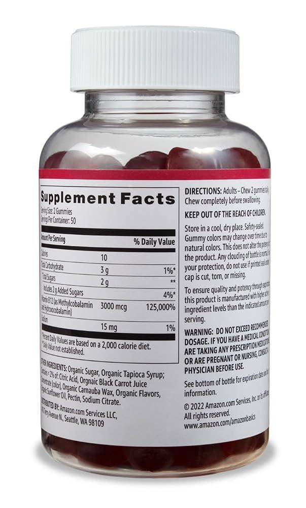 Vitamin B12 3000 mcg Gummis – Immunsystem, Energie & Stoffwechsel, Himbeer-Geschmack, 100 Stück (2 pro Portion)