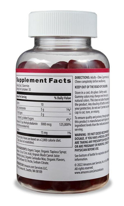 Vitamin B12 3000 mcg Gummis – Immunsystem, Energie & Stoffwechsel, Himbeer-Geschmack, 100 Stück (2 pro Portion)