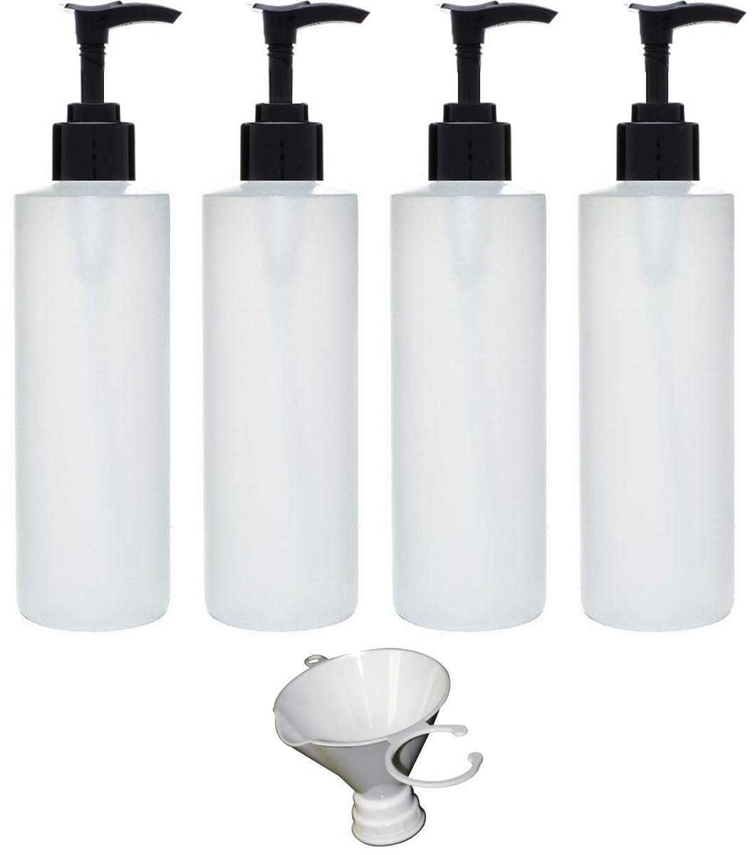Earth's Essentials 4er-Pack nachfüllbare 8 oz HDPE Kunststoff Pumpspender mit patentiertem Schraubtrichter – ideal für Lotionen, Shampoos und Massageöle