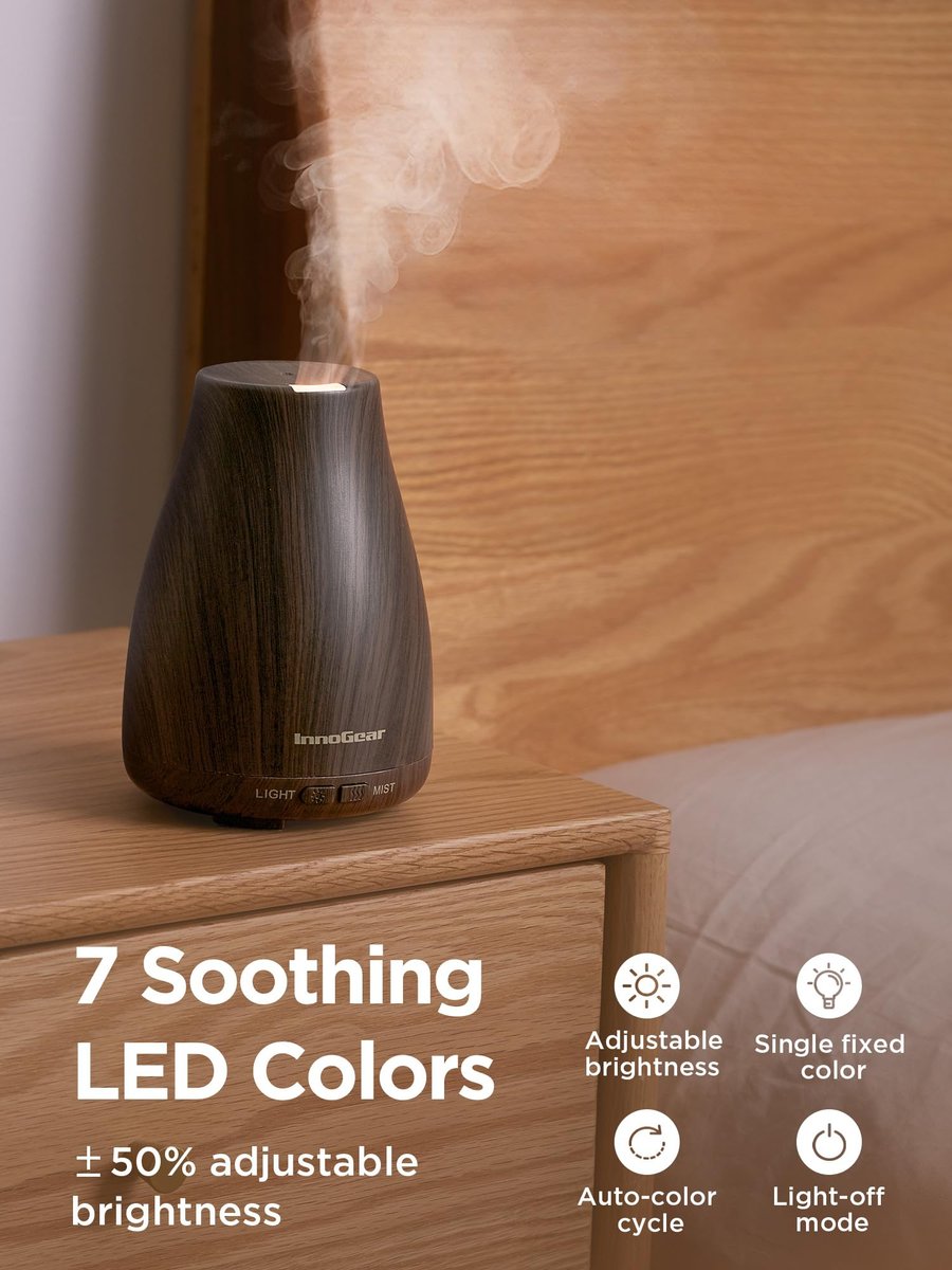 InnoGear Aroma-Diffusor, Ultraschall-Diffusor für Aromatherapie, 7 Farben LED, 2 Nebelmodi, Auto-Abschaltung, Braun