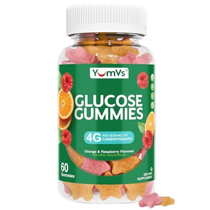 YUM-V'S Glukose-Gummis – Schnell wirkende Glukose-Gummis – Hervorragender Geschmack – Glutenfrei, vegan, ohne Gentechnik – Natürlicher Orangen- und Beerengeschmack – 60 kaubare Gummis für Erwachsene & Kinder