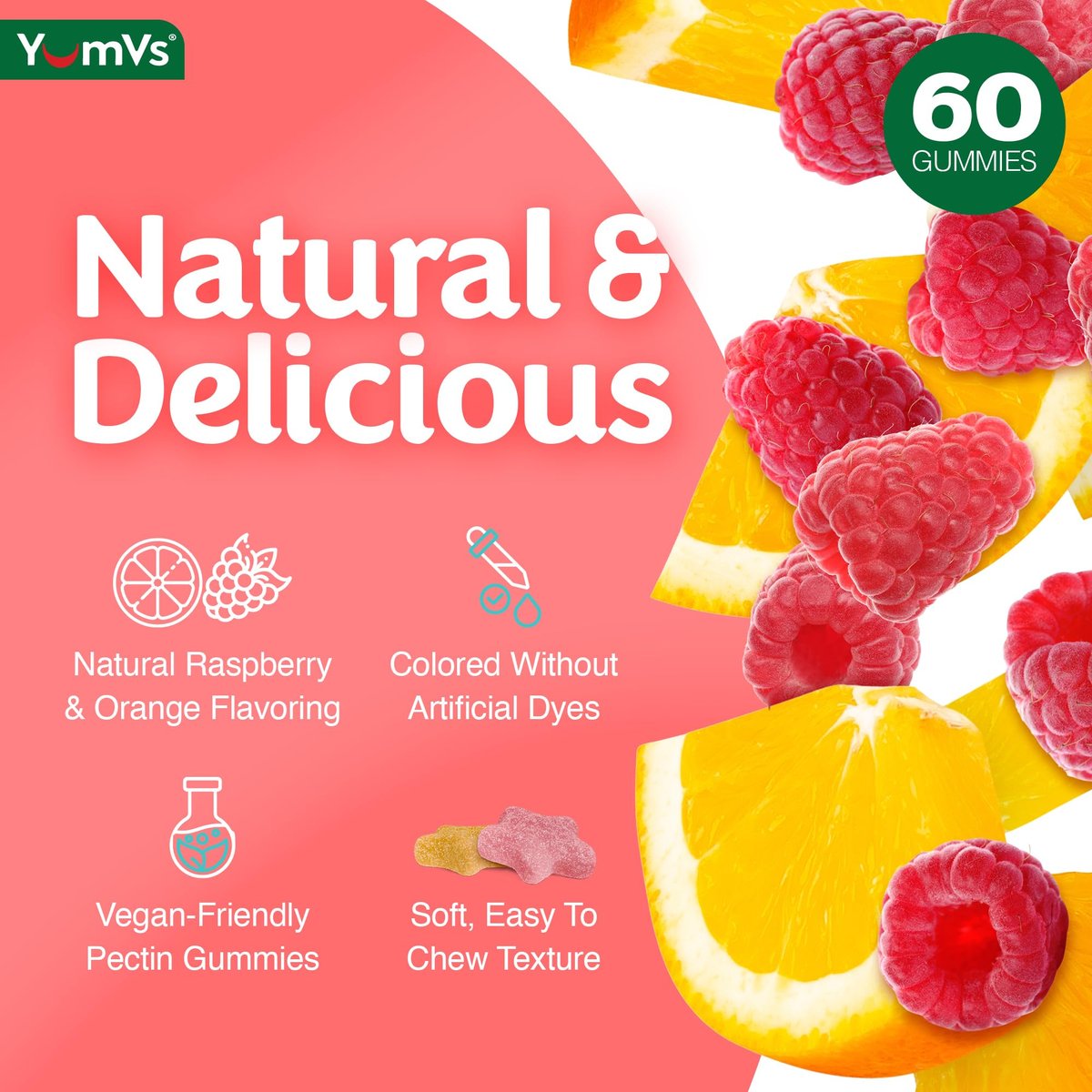 YUM-V'S Glukose-Gummis – Schnell wirkende Glukose-Gummis – Hervorragender Geschmack – Glutenfrei, vegan, ohne Gentechnik – Natürlicher Orangen- und Beerengeschmack – 60 kaubare Gummis für Erwachsene & Kinder