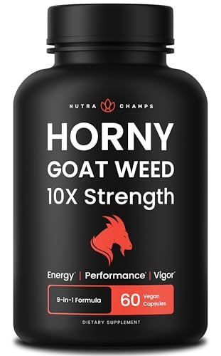 NutraChamps Horny Goat Weed 1000mg – Epimedium Energie-Supplement, 10-fache Stärke Icariin, Ginseng, Tribulus & Maca Kapseln für Frauen & Männer, verbesserte Absorption mit schwarzem Pfeffer, 60 vegane Kapseln