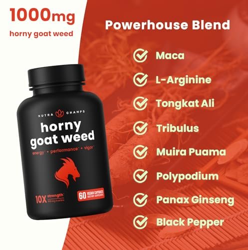 NutraChamps Horny Goat Weed 1000mg – Epimedium Energie-Supplement, 10-fache Stärke Icariin, Ginseng, Tribulus & Maca Kapseln für Frauen & Männer, verbesserte Absorption mit schwarzem Pfeffer, 60 vegane Kapseln