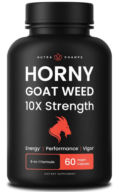 NutraChamps Horny Goat Weed 1000mg – Epimedium Energie-Supplement, 10-fache Stärke Icariin, Ginseng, Tribulus & Maca Kapseln für Frauen & Männer, verbesserte Absorption mit schwarzem Pfeffer, 60 vegane Kapseln