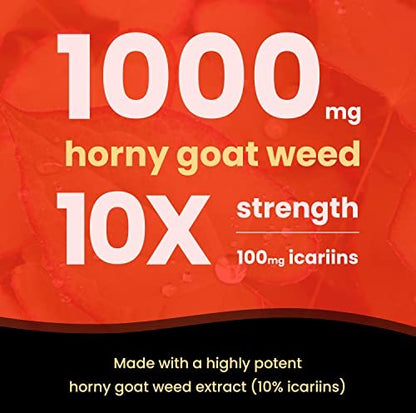 NutraChamps Horny Goat Weed 1000mg – Epimedium Energie-Supplement, 10-fache Stärke Icariin, Ginseng, Tribulus & Maca Kapseln für Frauen & Männer, verbesserte Absorption mit schwarzem Pfeffer, 60 vegane Kapseln