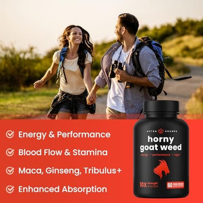 NutraChamps Horny Goat Weed 1000mg – Epimedium Energie-Supplement, 10-fache Stärke Icariin, Ginseng, Tribulus & Maca Kapseln für Frauen & Männer, verbesserte Absorption mit schwarzem Pfeffer, 60 vegane Kapseln