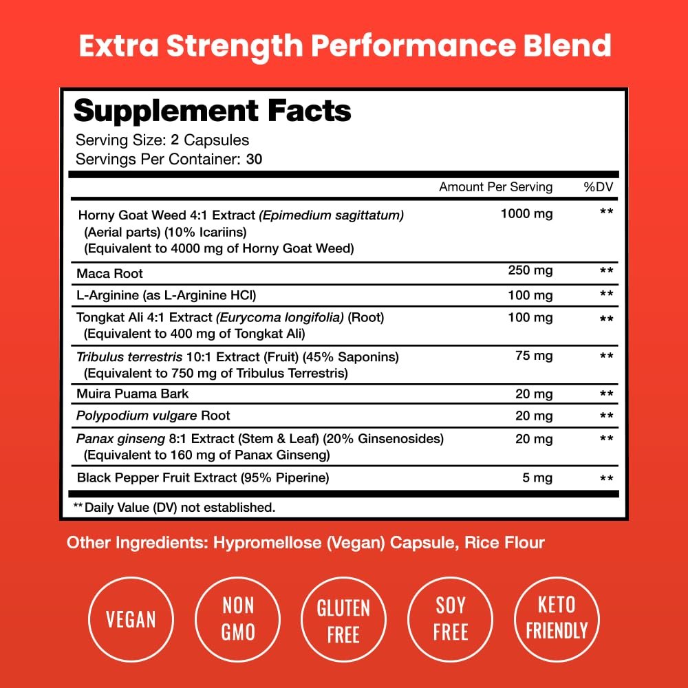 NutraChamps Horny Goat Weed 1000mg – Epimedium Energie-Supplement, 10-fache Stärke Icariin, Ginseng, Tribulus & Maca Kapseln für Frauen & Männer, verbesserte Absorption mit schwarzem Pfeffer, 60 vegane Kapseln