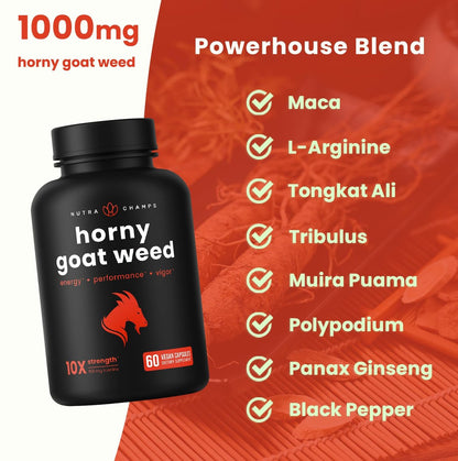 NutraChamps Horny Goat Weed 1000mg – Epimedium Energie-Supplement, 10-fache Stärke Icariin, Ginseng, Tribulus & Maca Kapseln für Frauen & Männer, verbesserte Absorption mit schwarzem Pfeffer, 60 vegane Kapseln