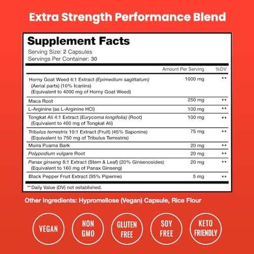 NutraChamps Horny Goat Weed 1000mg – Epimedium Energie-Supplement, 10-fache Stärke Icariin, Ginseng, Tribulus & Maca Kapseln für Frauen & Männer, verbesserte Absorption mit schwarzem Pfeffer, 60 vegane Kapseln