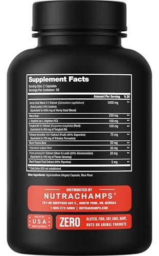 NutraChamps Horny Goat Weed 1000mg – Epimedium Energie-Supplement, 10-fache Stärke Icariin, Ginseng, Tribulus & Maca Kapseln für Frauen & Männer, verbesserte Absorption mit schwarzem Pfeffer, 60 vegane Kapseln