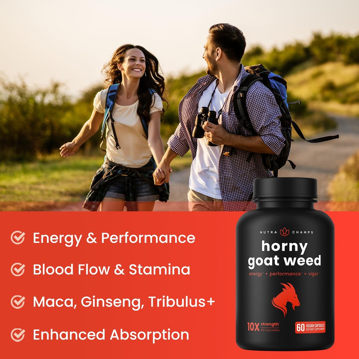 NutraChamps Horny Goat Weed 1000mg – Epimedium Energie-Supplement, 10-fache Stärke Icariin, Ginseng, Tribulus & Maca Kapseln für Frauen & Männer, verbesserte Absorption mit schwarzem Pfeffer, 60 vegane Kapseln