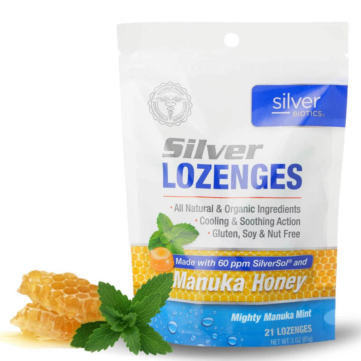 Silver Biotics Kolloidales Silber Lutschtabletten | 60 PPM Ag₄O₄ SilverSol | Immununterstützung + Halsberuhigende Lutschtabletten | Manuka Honig | 21 Stück