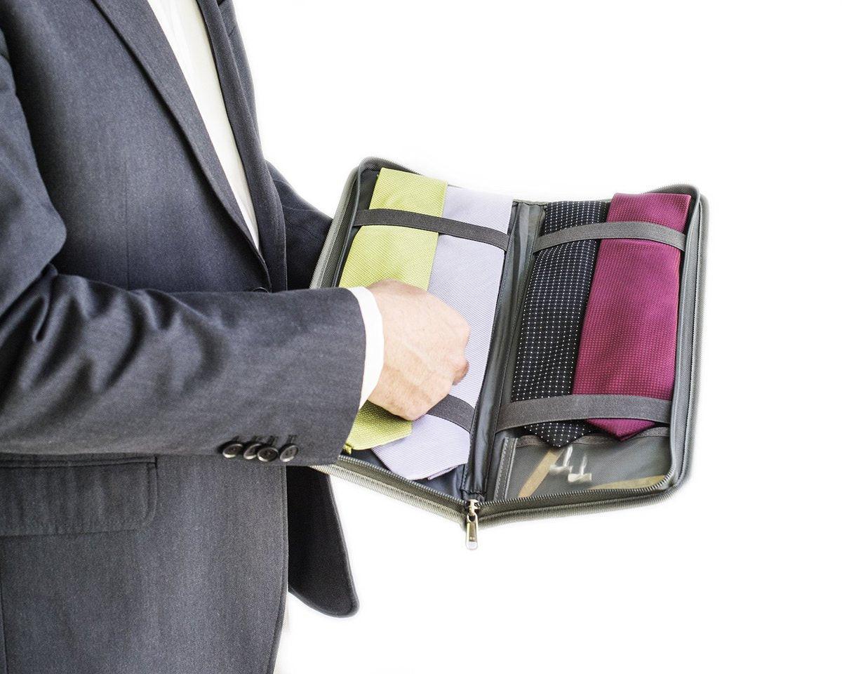 LeanTravel Krawatten-Etui für Reisen mit Aufbewahrungstasche für Manschettenknöpfe, Farbe Grau