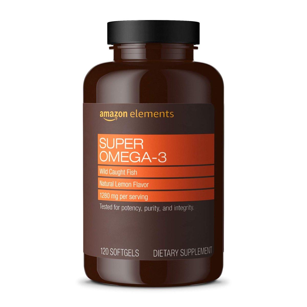 Amazon Elements Super Omega-3 – Wild-Caught Fischöl mit natürlichem Zitronengeschmack, EPA & DHA Omega-3-Fettsäuren, 1280 mg pro Portion, 120 Softgels