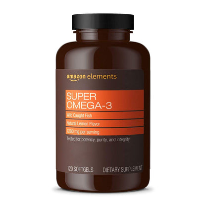Amazon Elements Super Omega-3 – Wild-Caught Fischöl mit natürlichem Zitronengeschmack, EPA & DHA Omega-3-Fettsäuren, 1280 mg pro Portion, 120 Softgels