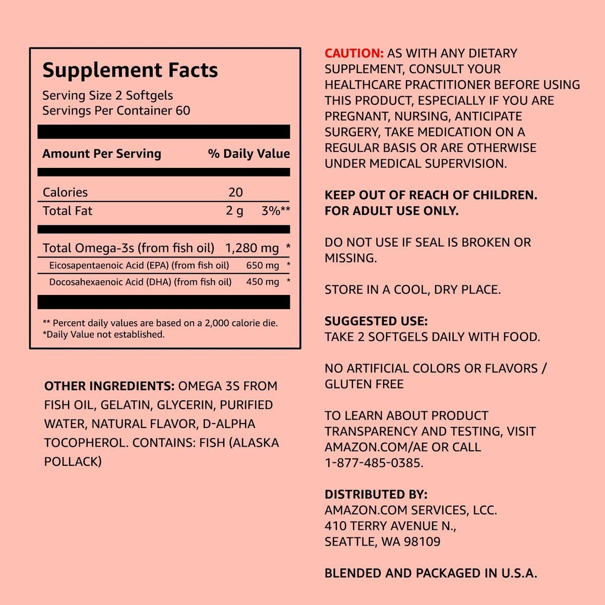 Amazon Elements Super Omega-3 – Wild-Caught Fischöl mit natürlichem Zitronengeschmack, EPA & DHA Omega-3-Fettsäuren, 1280 mg pro Portion, 120 Softgels