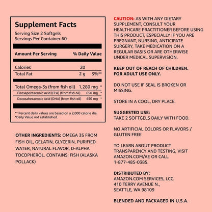 Amazon Elements Super Omega-3 – Wild-Caught Fischöl mit natürlichem Zitronengeschmack, EPA & DHA Omega-3-Fettsäuren, 1280 mg pro Portion, 120 Softgels